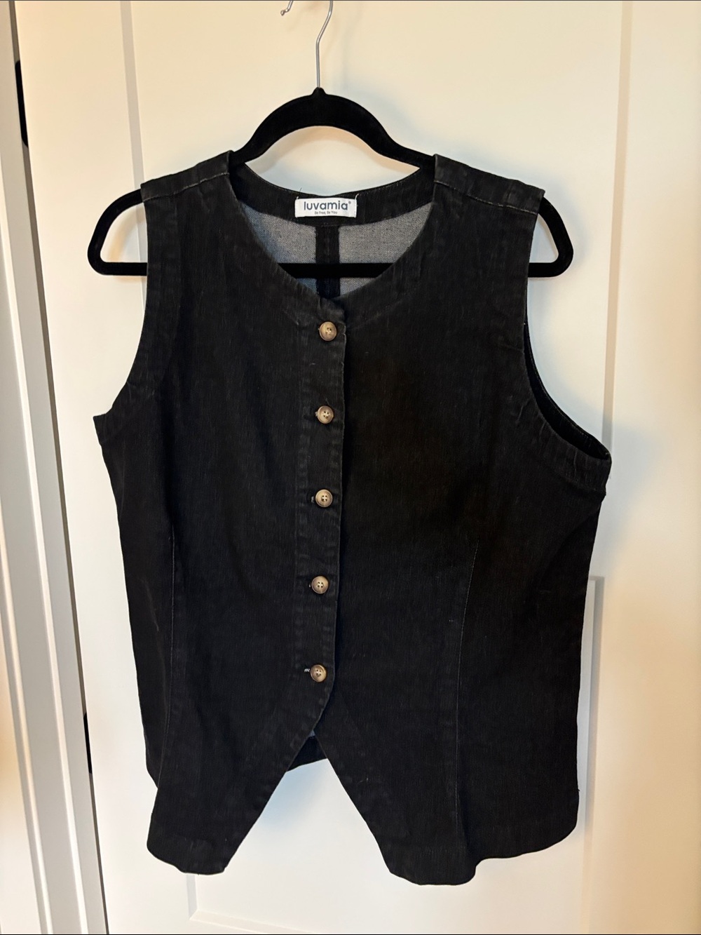 Iovannia Black Button Front Black Stretchy Jean Material Vest